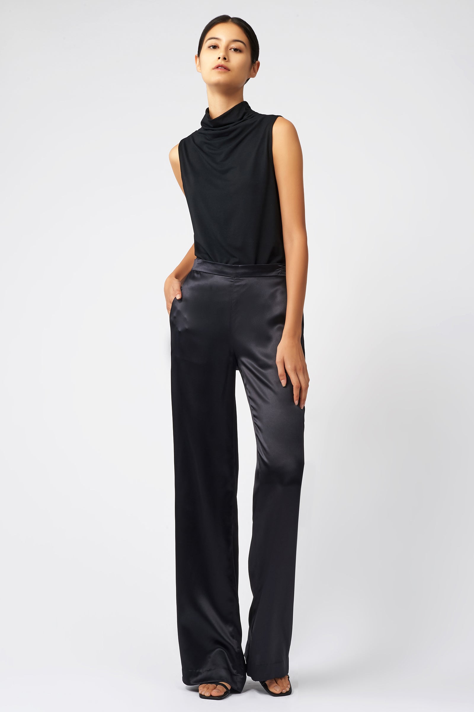 Kal Rieman Classic Silk Trouser in Black on Model Full Front View