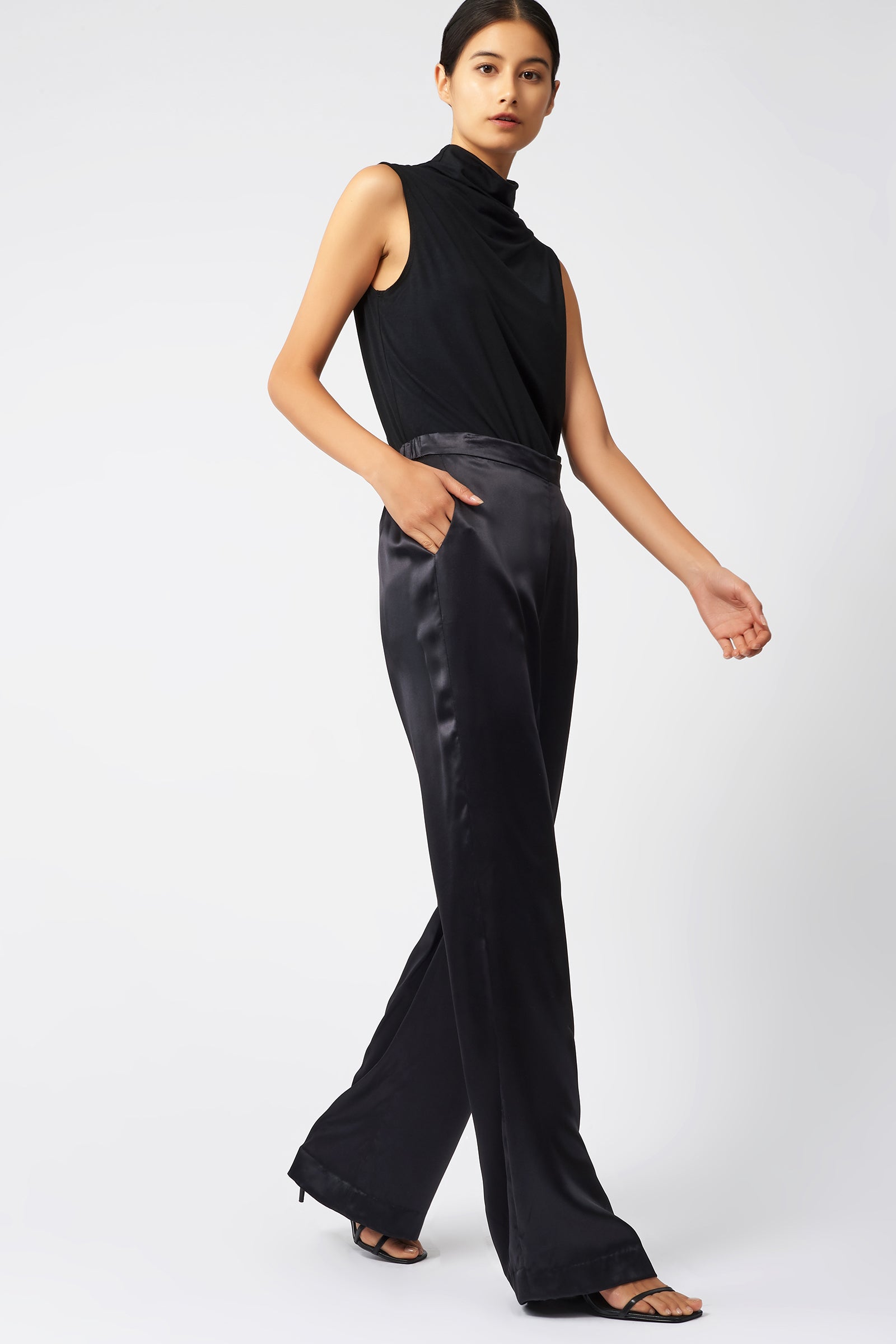 Kal Rieman Classic Silk Trouser in Black on Model Full Side View