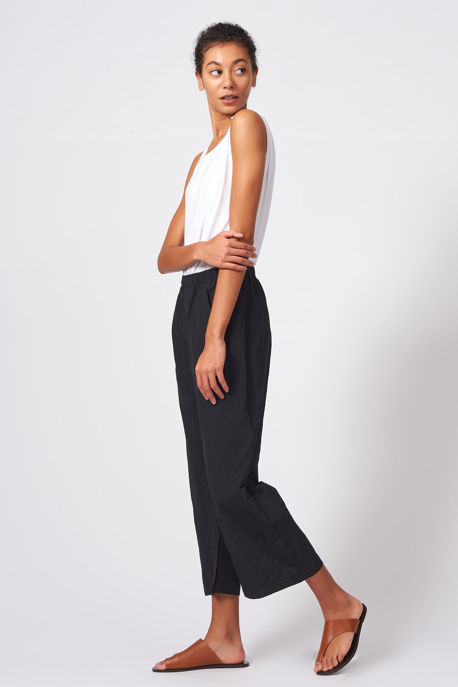 Kal Rieman Split Hem Capri Cotton Nylon in Black on Model Side Full View