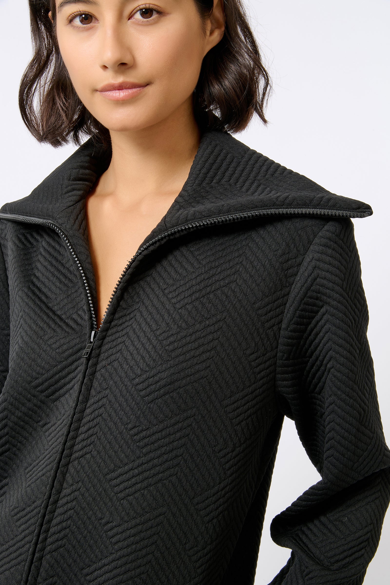 Kal Rieman Stacy Roll Collar Zip Cardigan in Escher Knit on Model Detailed Front View