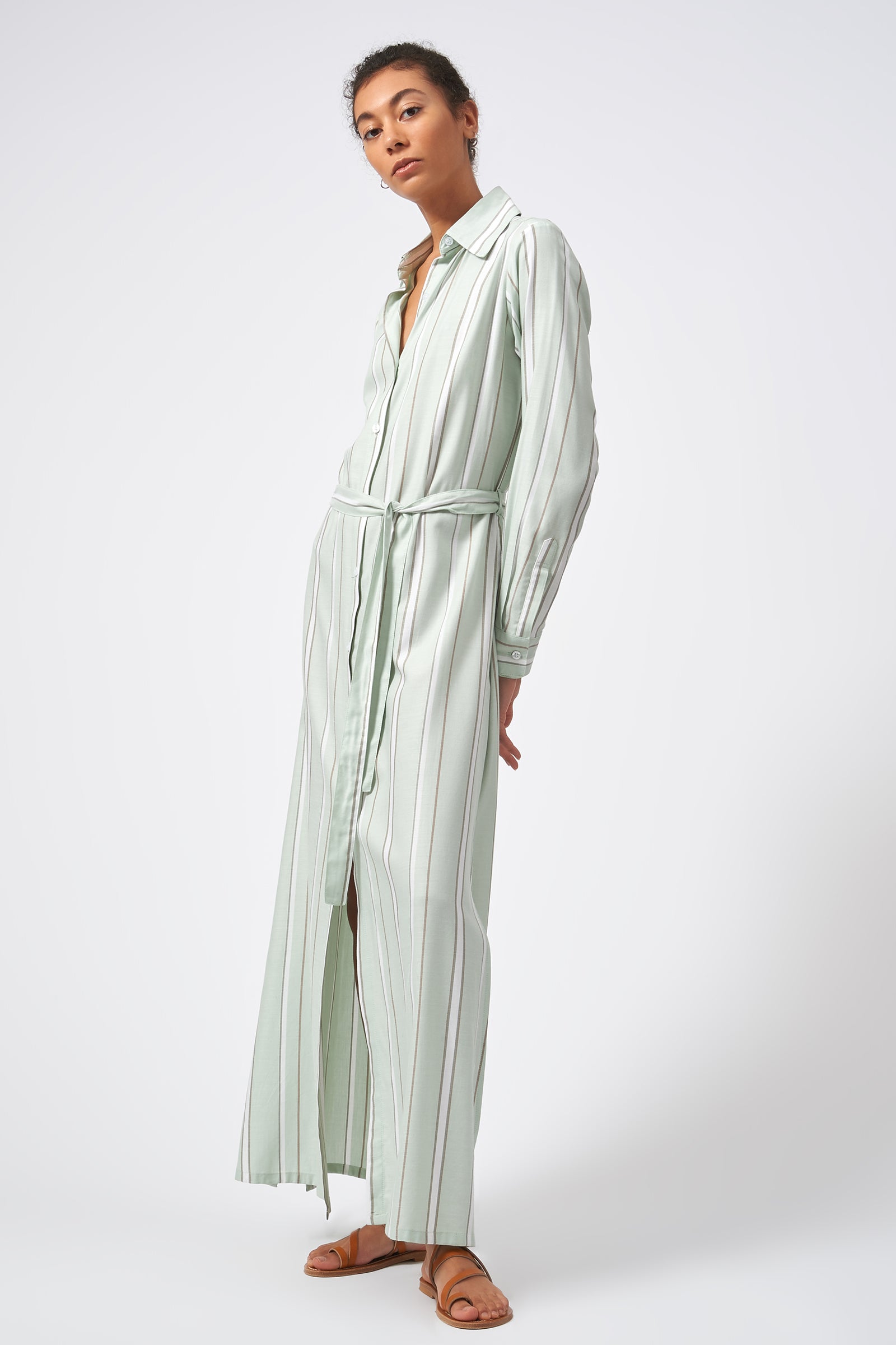 Kal Rieman Stripe Maxi Shirt Dress Mint  On Model  Front View Full