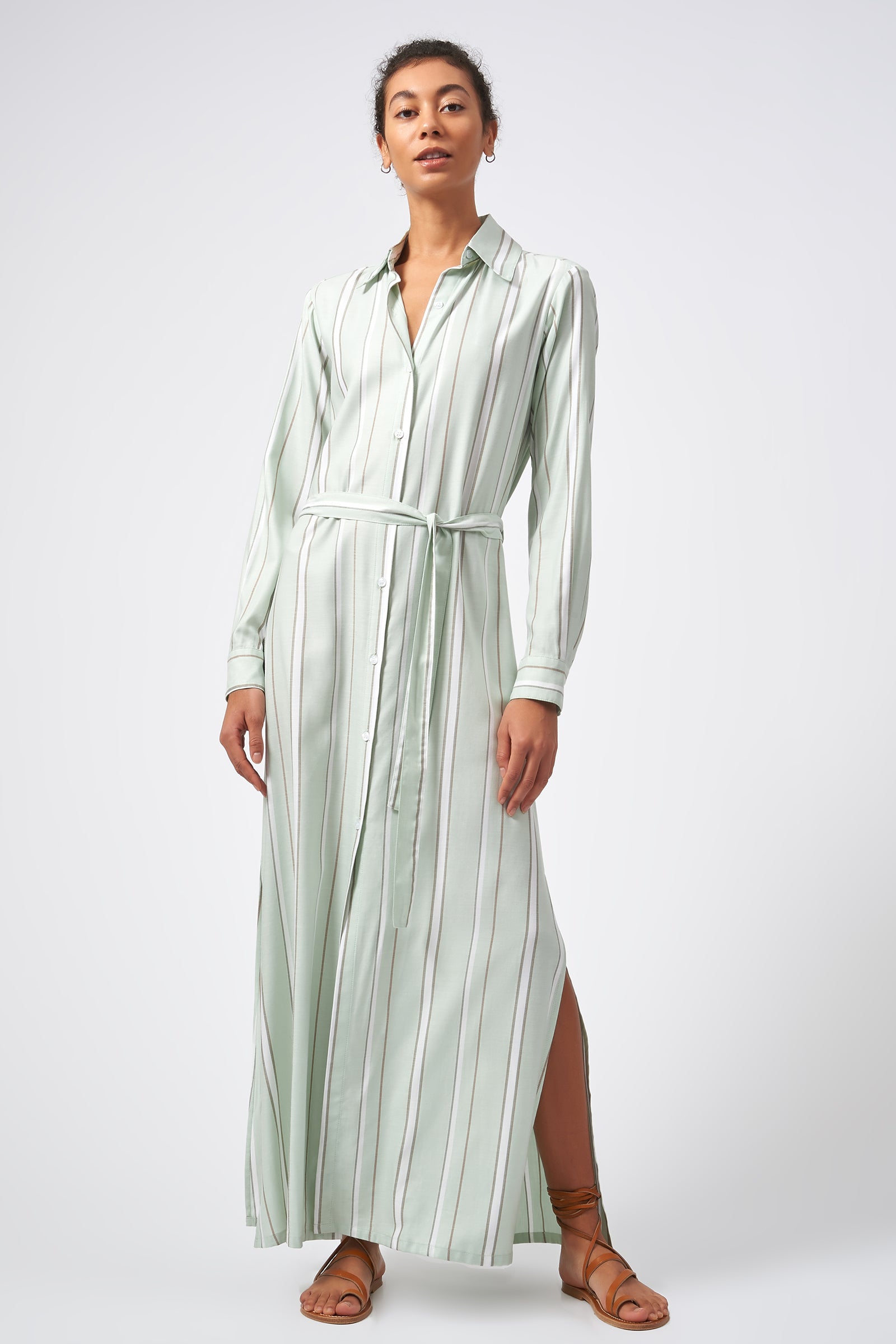Kal Rieman Stripe Maxi Shirt Dress Mint  On Model Front View Full 2
