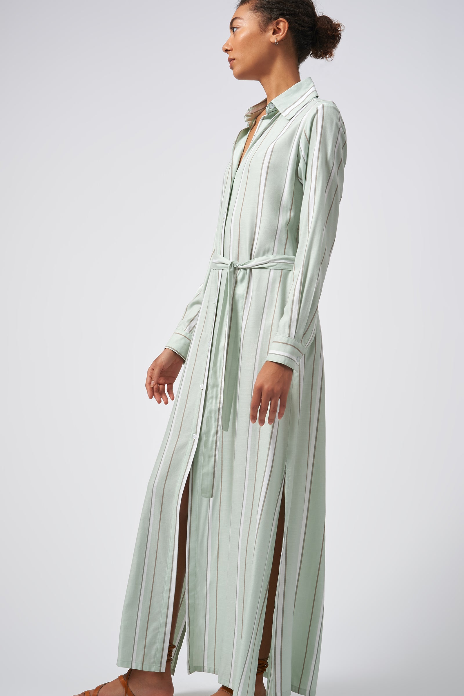 Kal Rieman Stripe Maxi Shirt Dress Mint  On Model  Side View