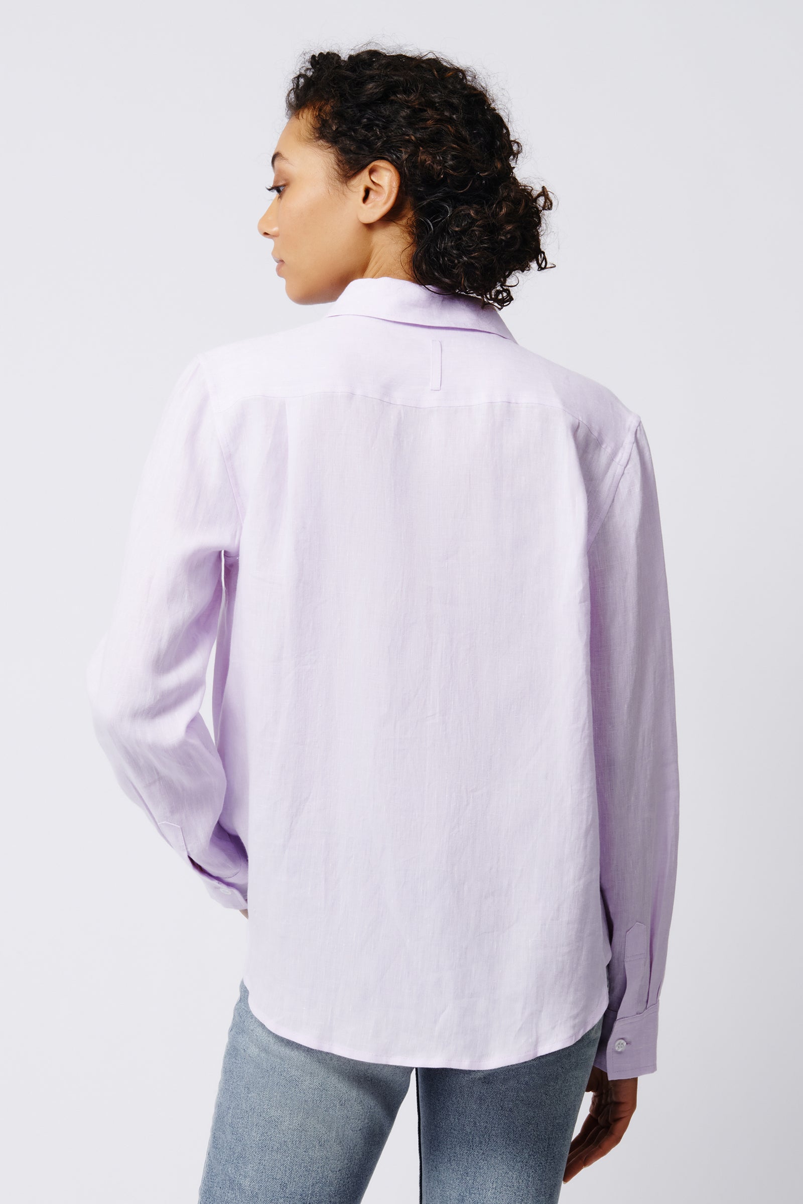 Kal Rieman Summer Shirt in Lavender on Model Back View Crop