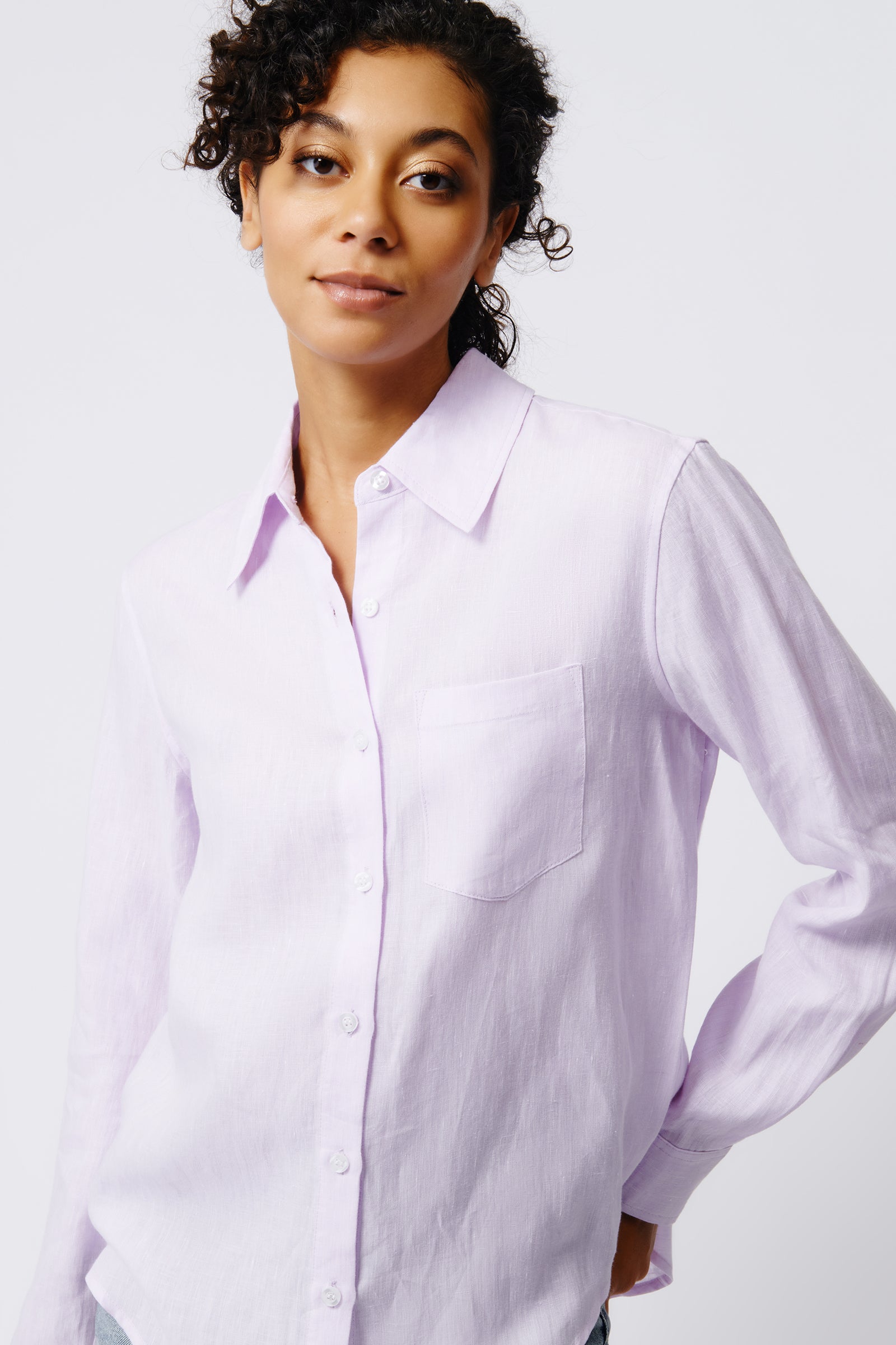 Kal Rieman Summer Shirt in Lavender on Model Front View Crop