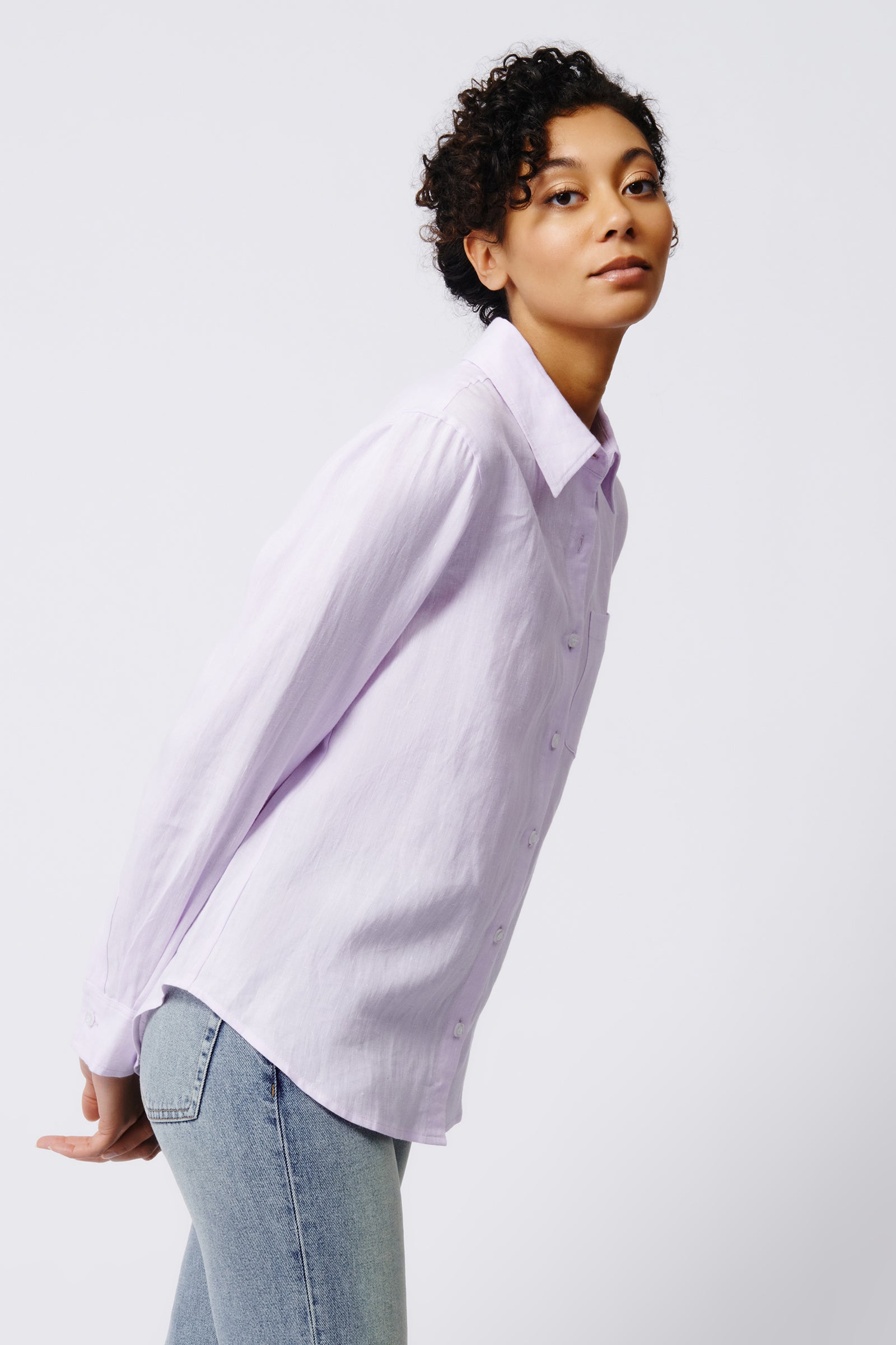 Kal Rieman Summer Shirt in Lavender on Model Side View Crop