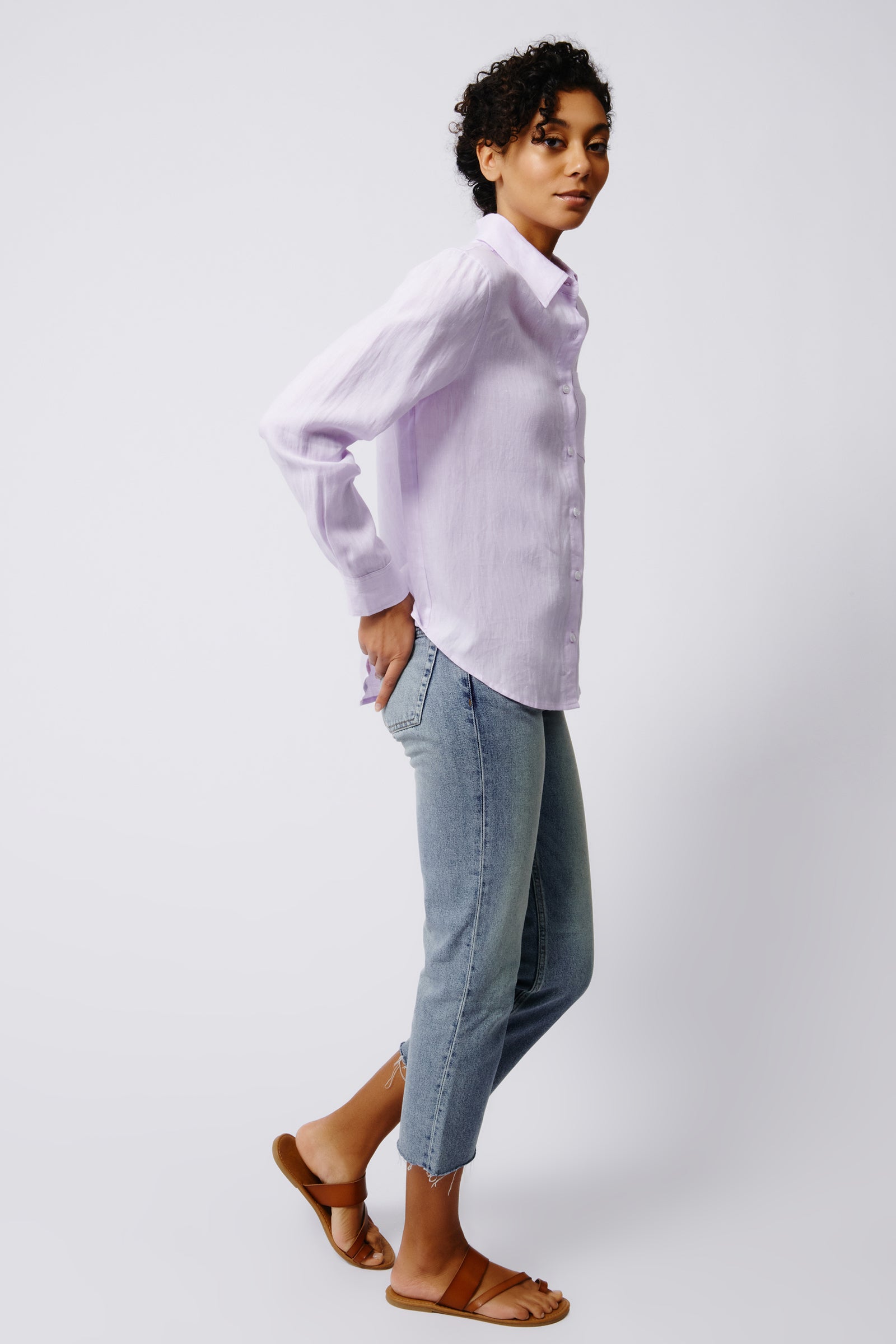 Kal Rieman Summer Shirt in Lavender on Model Full Side View