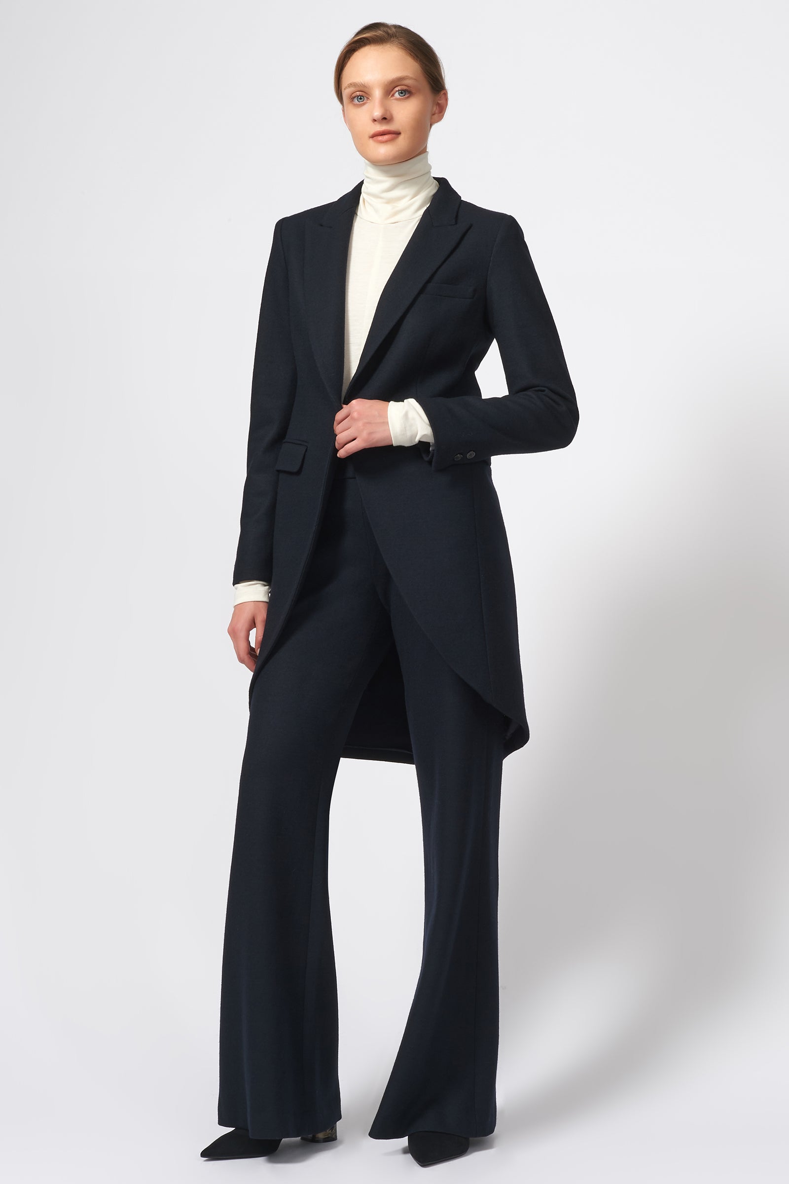 Kal Rieman Tailored Tux Blazer in Felted Jersey in Midnight on Model Front Full View