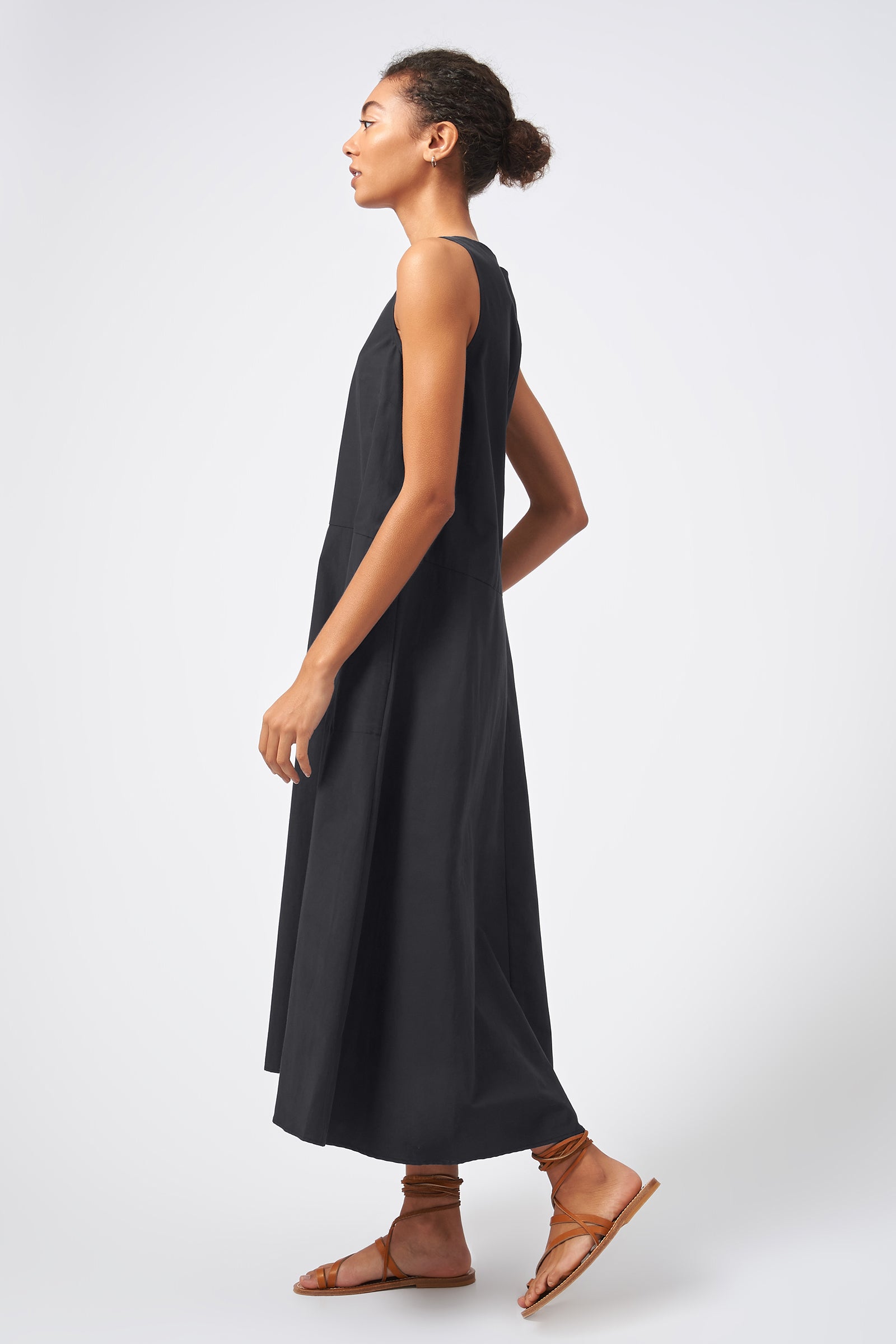  Kal Rieman V Neck Flounce Dress in Black on Model Full Side View