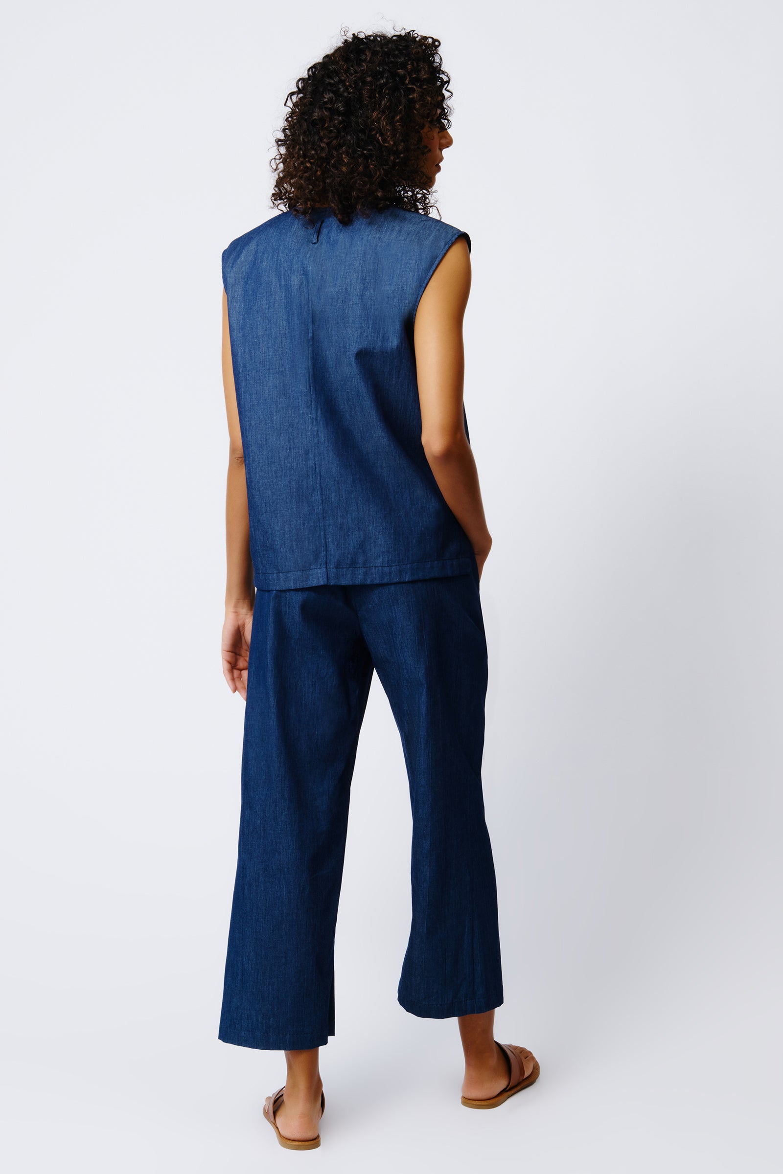 Kal Rieman Ava V Neck Shell in Classic Indigo on Model Front View Crop