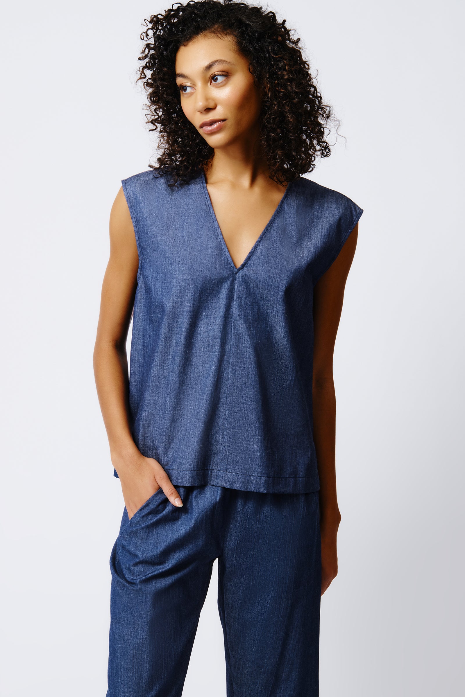 Kal Rieman Ava V Neck Shell in Classic Indigo on Model Front View Crop 2