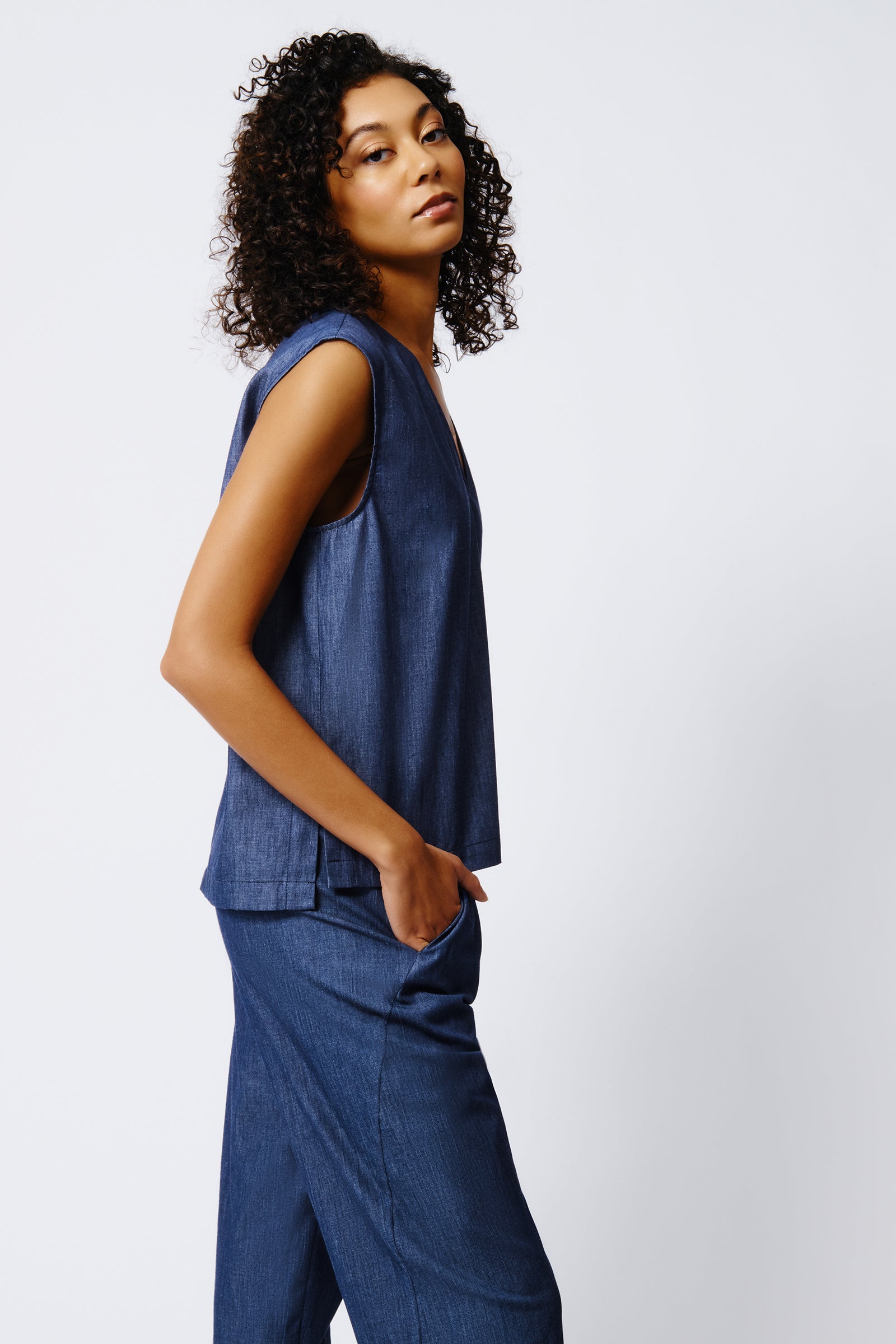Kal Rieman Ava V Neck Shell in Classic Indigo on Model Side View Crop