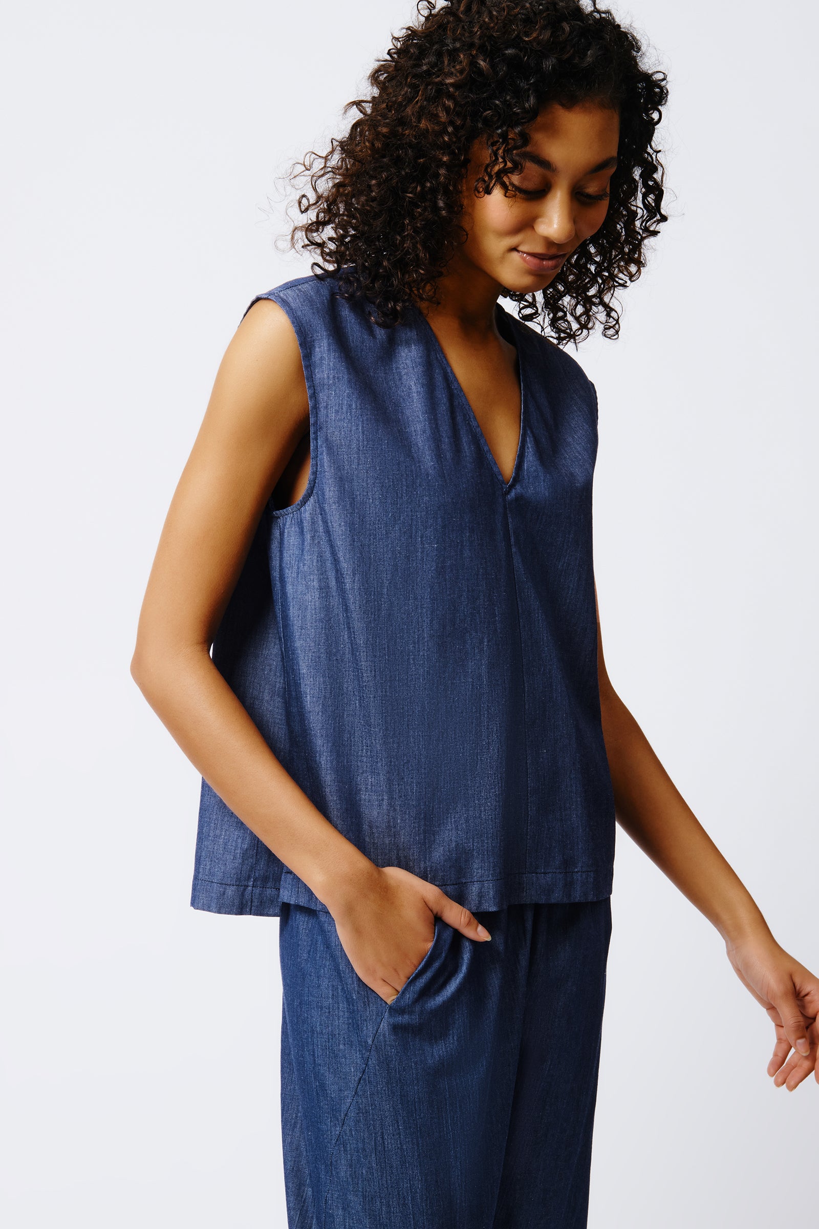 Kal Rieman Ava V Neck Shell in Classic Indigo on Model Side View Crop 2