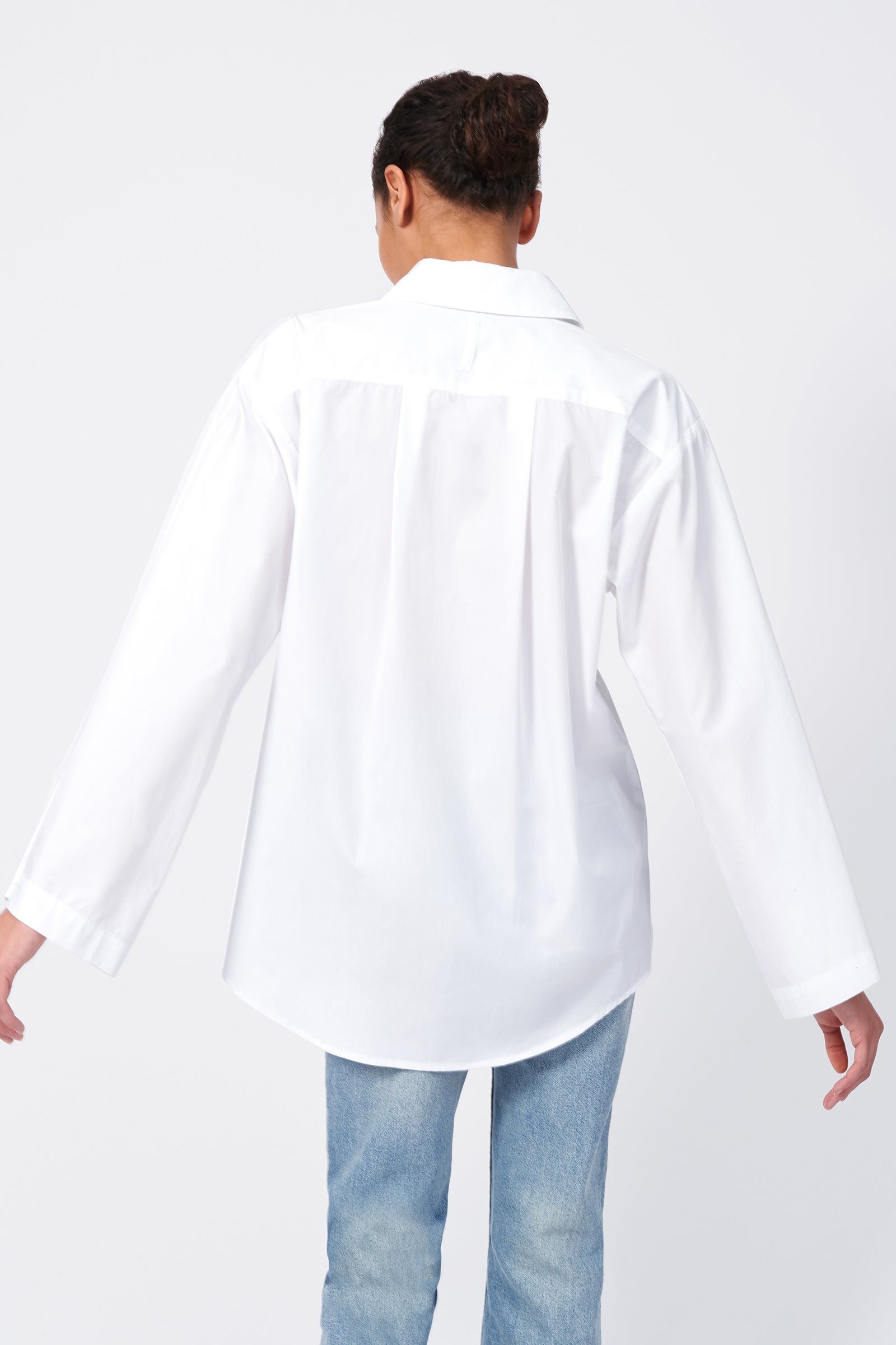 Kal Rieman Wide Sleeve Shirt in White Poplin on Model Back View