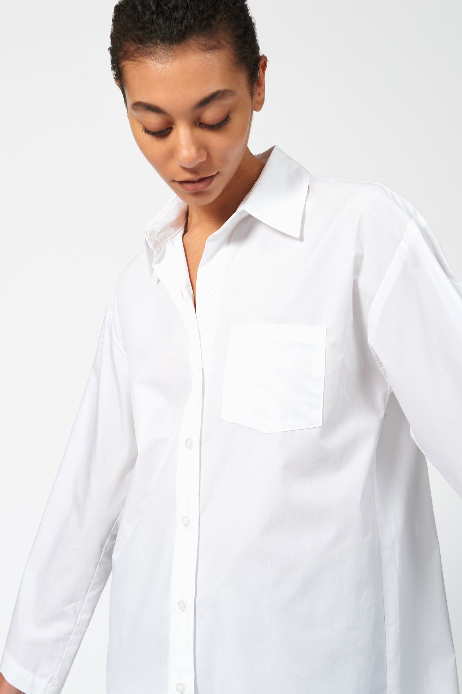 Kal Rieman Wide Sleeve Shirt in White Poplin on Model Front Detail View