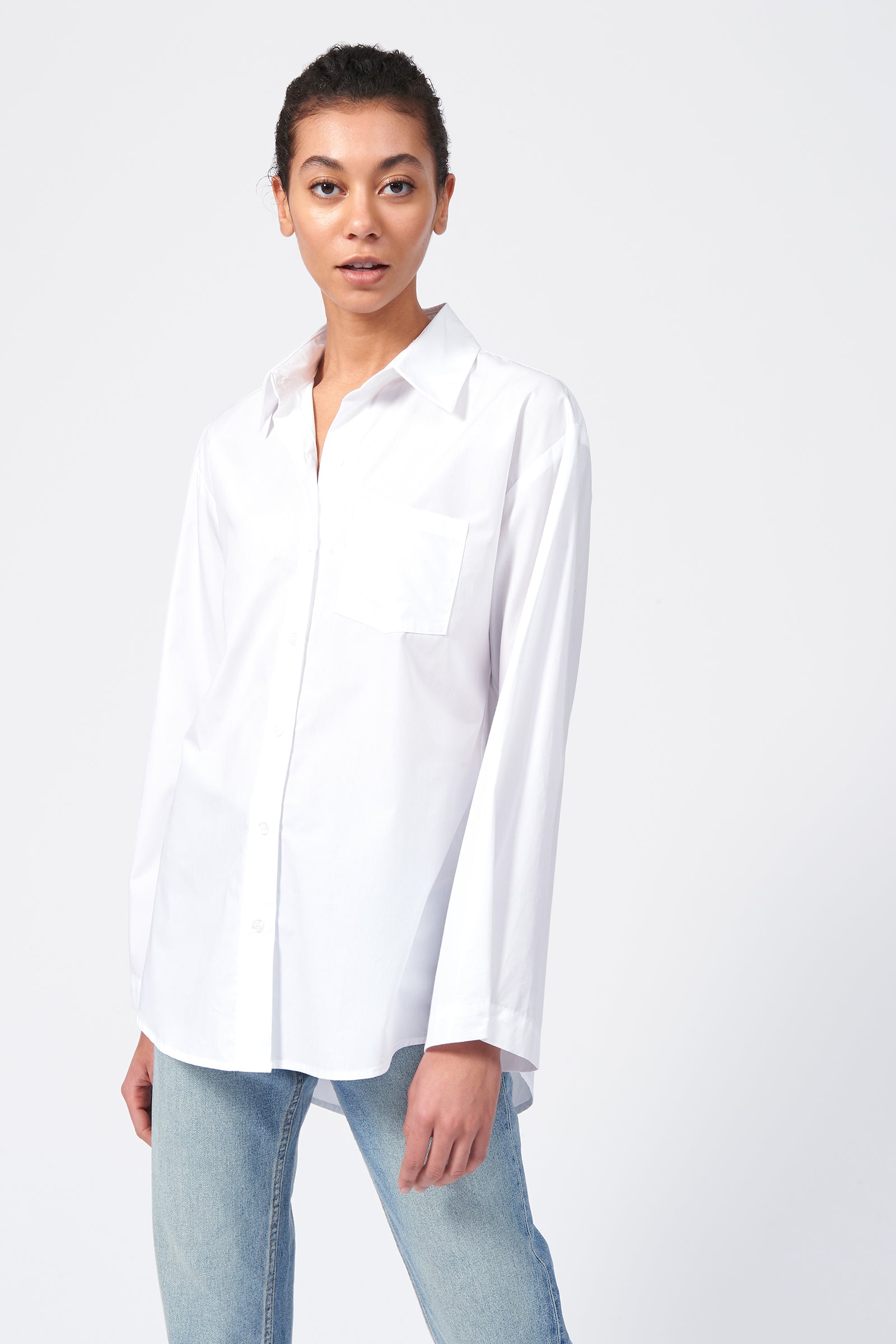 Kal Rieman Wide Sleeve Shirt in White Poplin on Model Front View