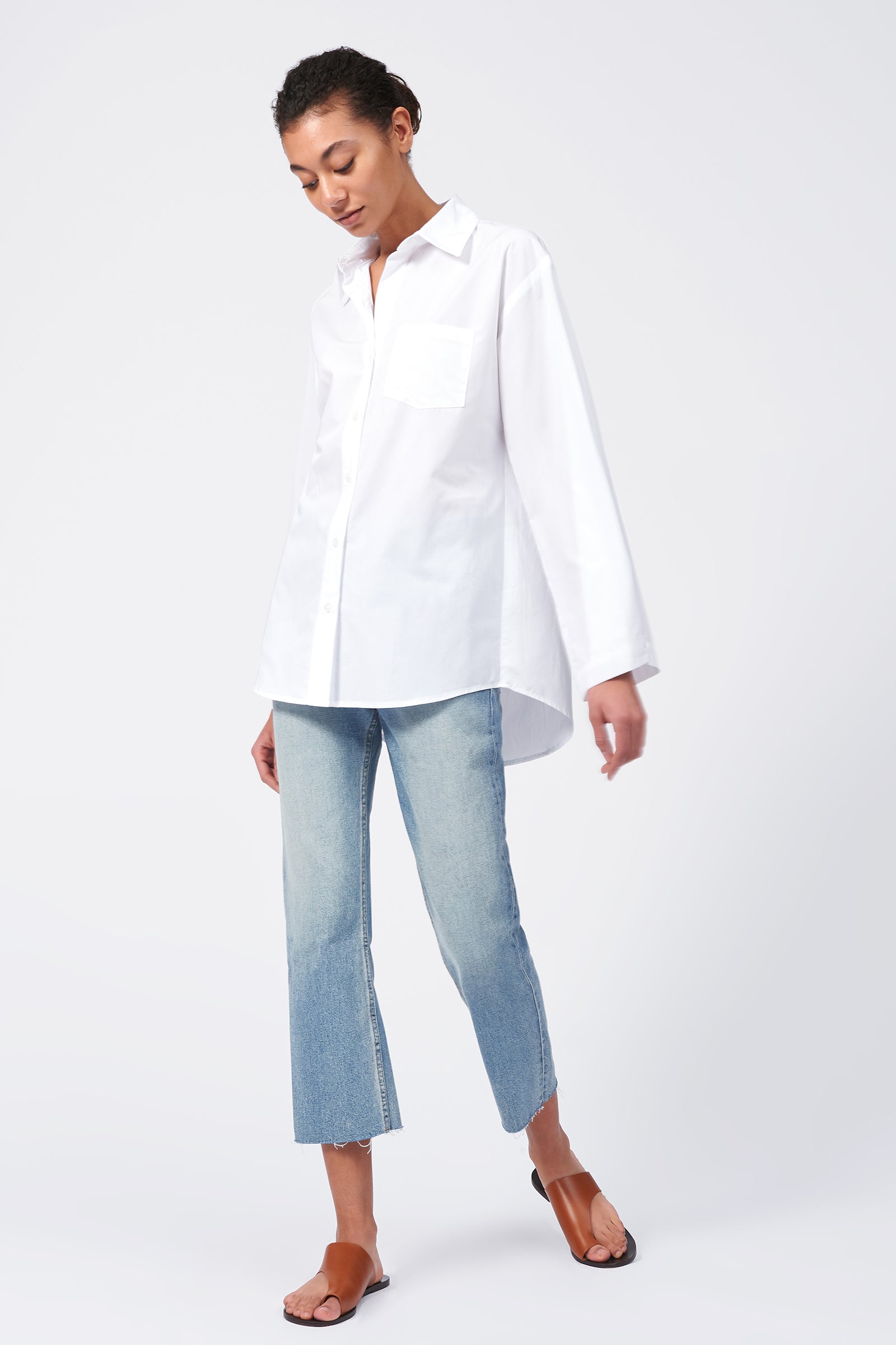 Kal Rieman Wide Sleeve Shirt in White Poplin on Model Front Side View