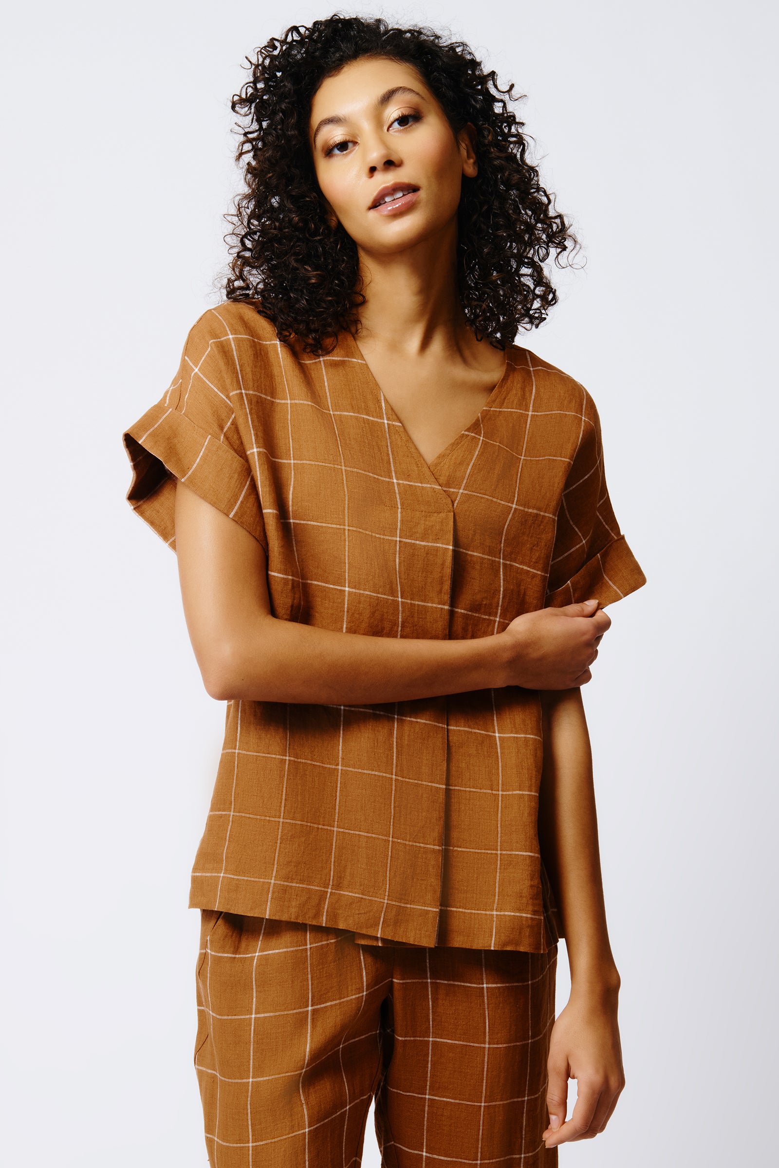 Kal Rieman Audrey Fold Front Kimono Top in Rust Windowpane on Model Front View Crop