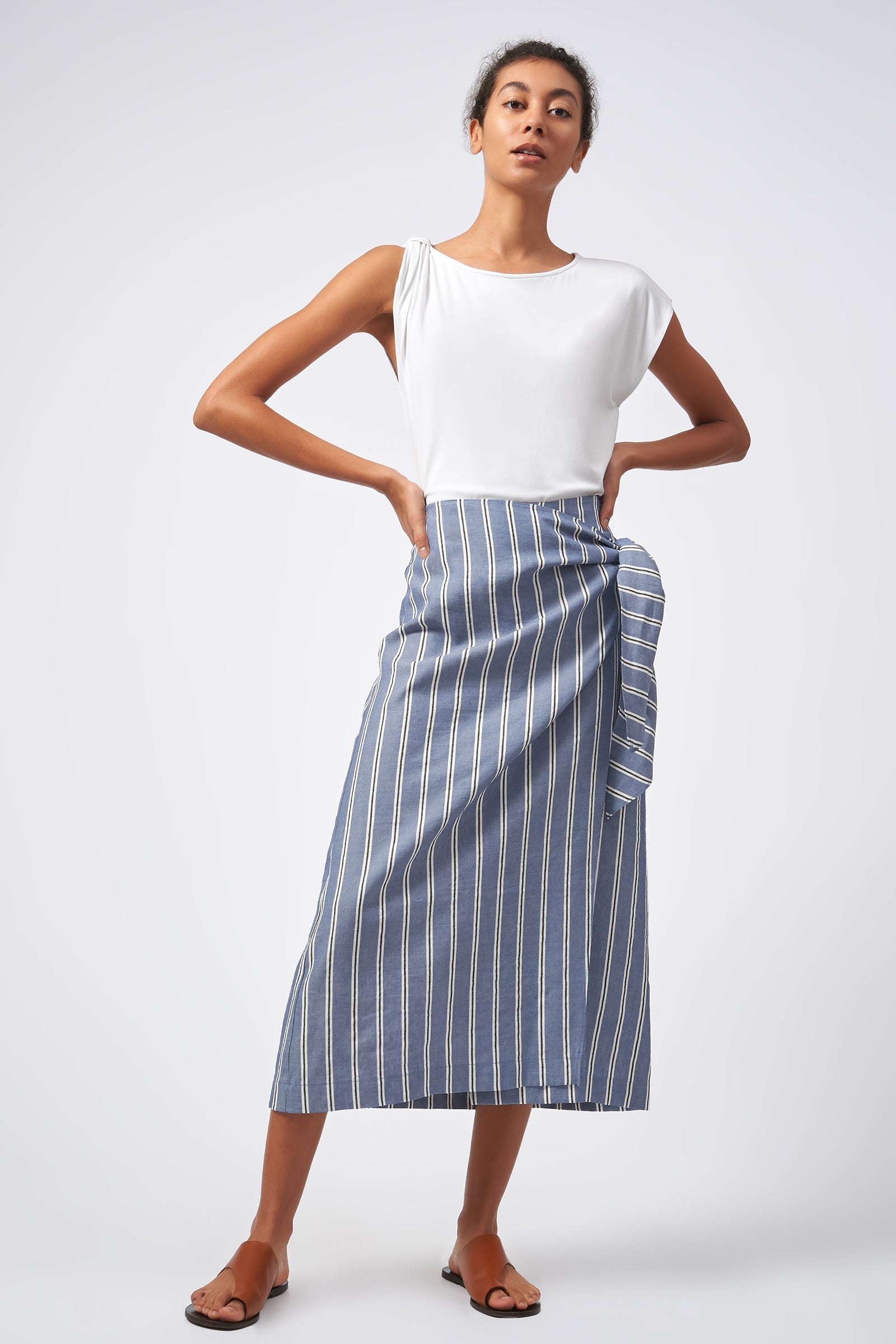 Kal Rieman Wrap Skirt Italian Stripe Blue On Model Front Full