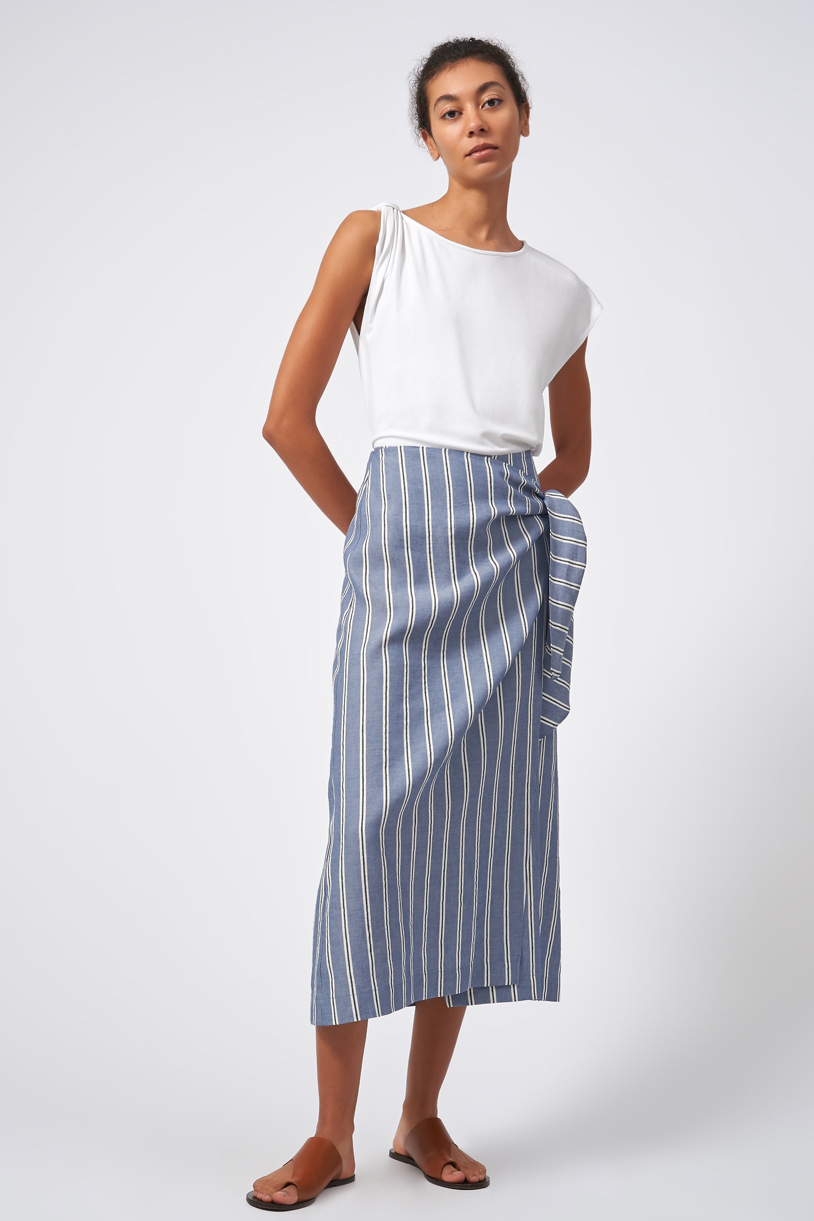 Kal Rieman Wrap Skirt Italian Stripe Blue On Model Front Full 3