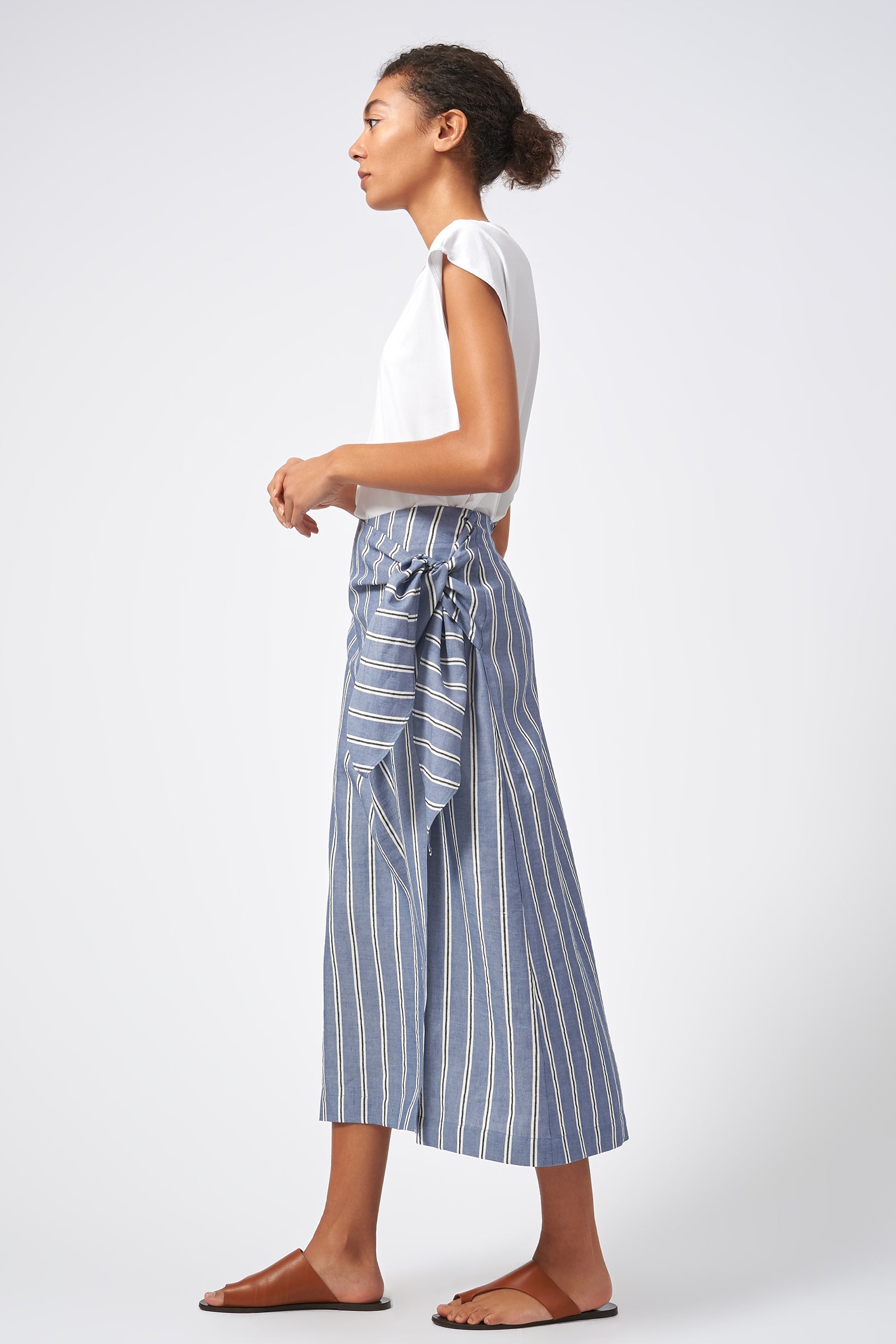 Kal Rieman Wrap Skirt Italian Stripe Blue On Model Side Full