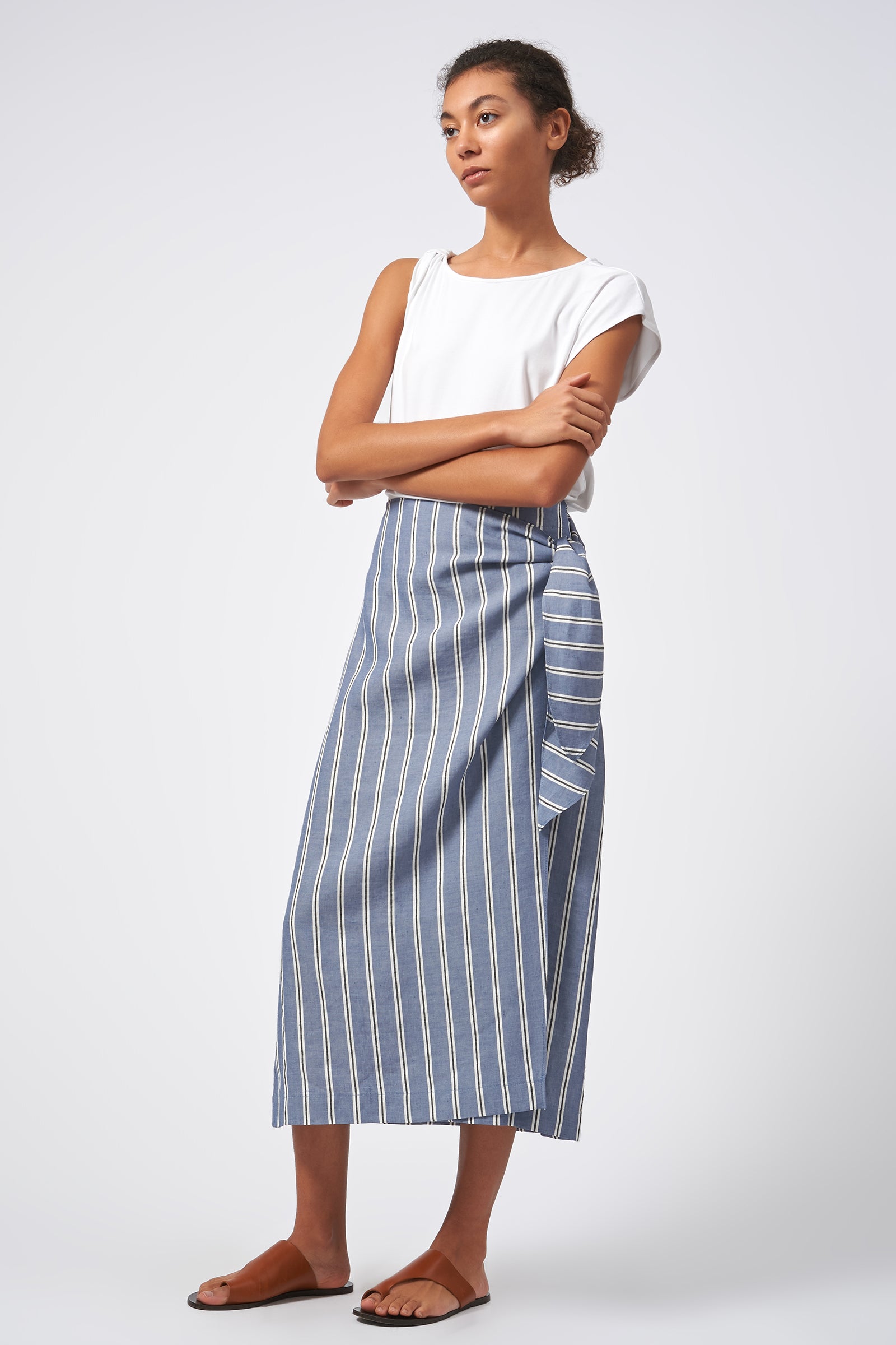 Kal Rieman Wrap Skirt Italian Stripe Blue On Model Side Full 2